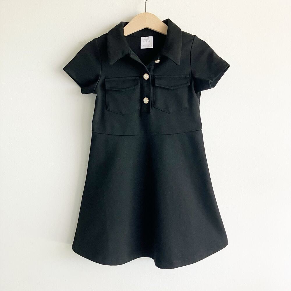 Zara Girls Size 6 Shirt Dress Black Pockets Button City Minimal Sophisticated